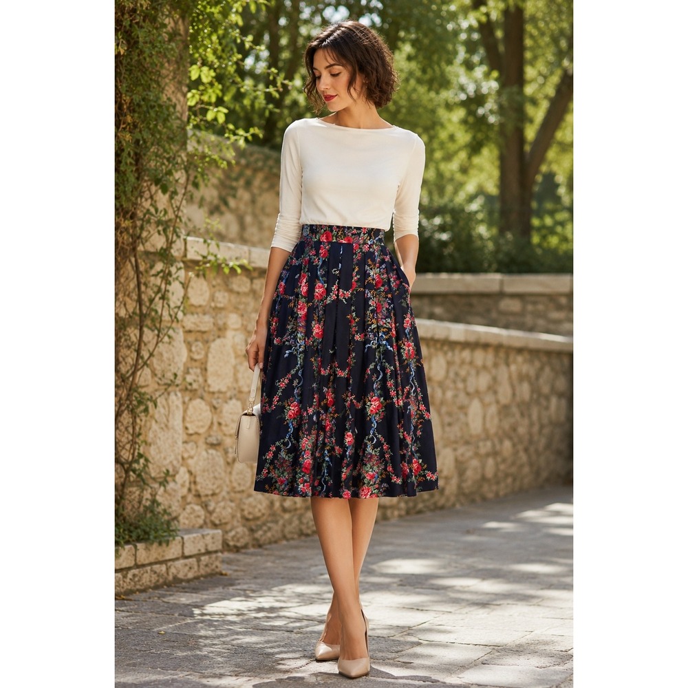 Herman Geist Vintage Navy Floral Pleated Midi Skirt Pockets Rayon Womens Size 12